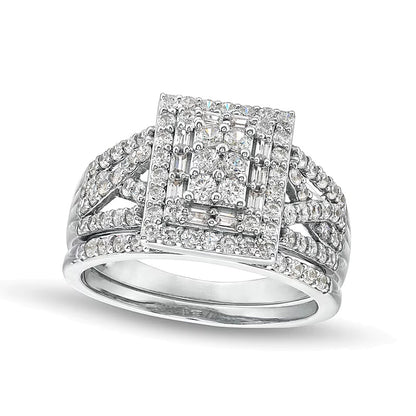 1.0 CT. TW Rectangle Multi-Diamond Twist Split Shank Bridal Set in 10K White Gold