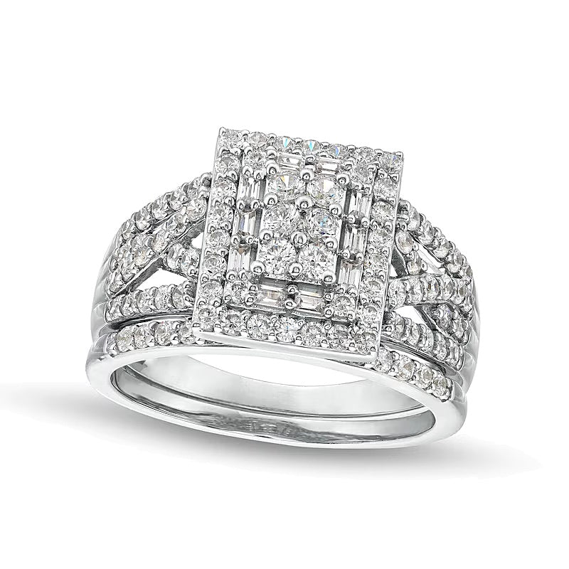 1.0 CT. TW Rectangle Multi-Diamond Twist Split Shank Bridal Set in 10K White Gold