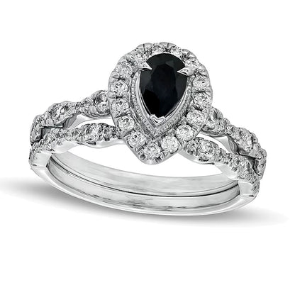Pear-Shaped Black Sapphire and 0.75 CT. TW Diamond Frame Scallop Shank Vintage-Style Bridal Set in 10K White Gold