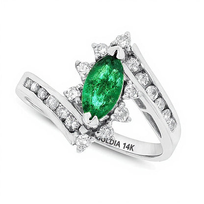 Marquise Emerald and 0.33 CT. TW Diamond Starburst Frame Bypass Ring in 14K White Gold