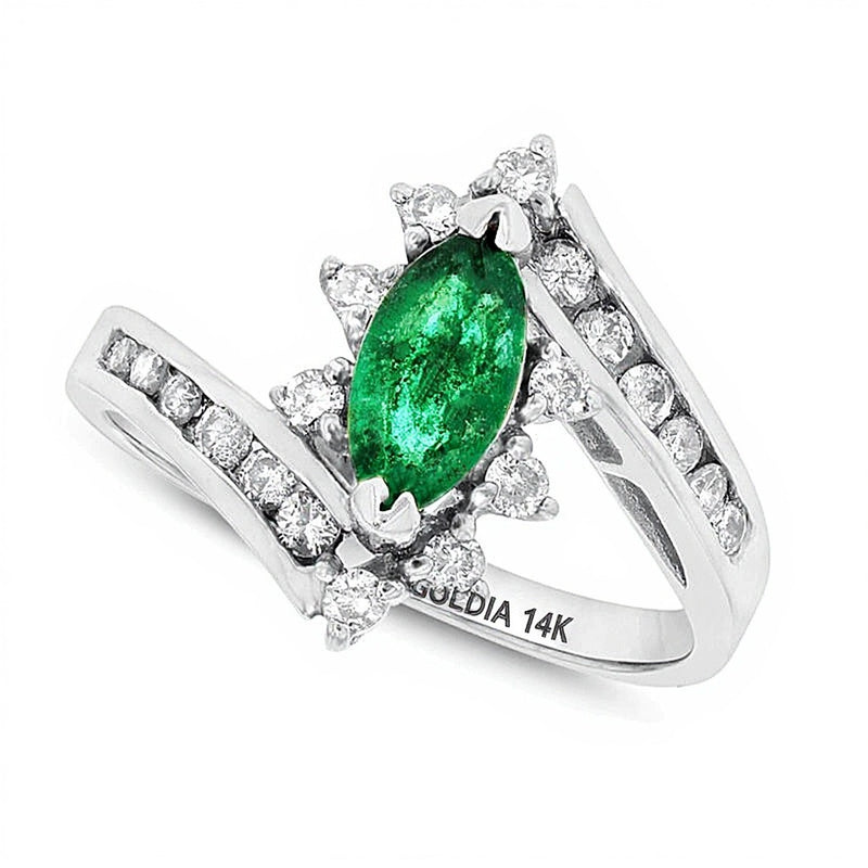 Marquise Emerald and 0.33 CT. TW Diamond Starburst Frame Bypass Ring in 14K White Gold