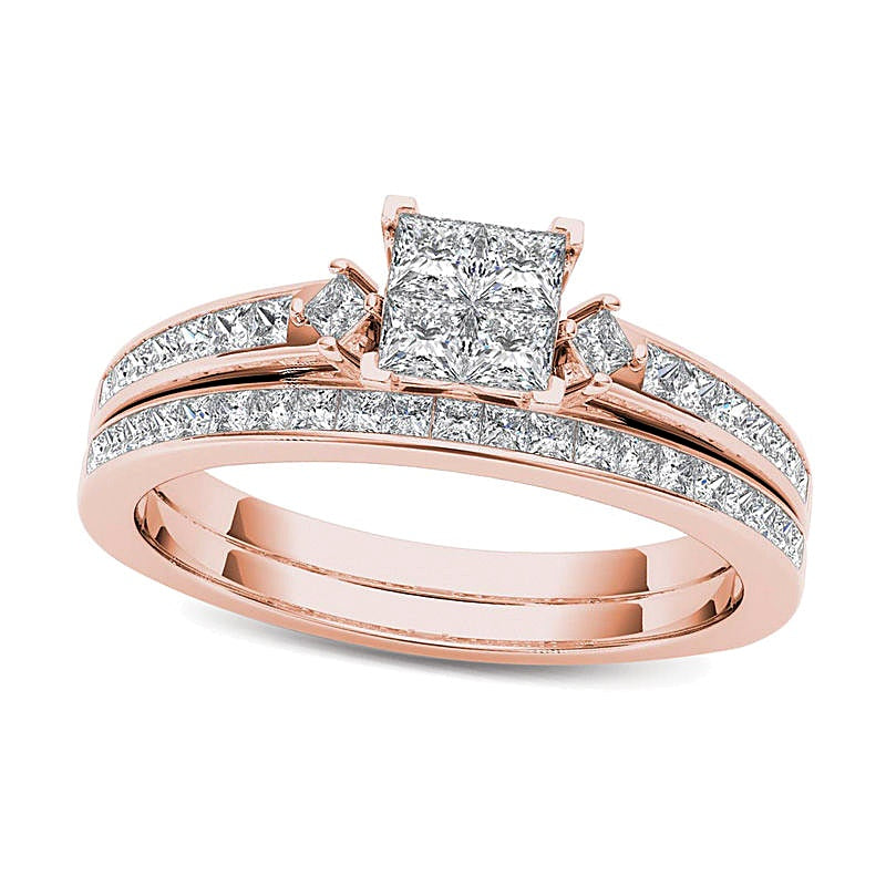 1.0 CT. TW Quad Princess-Cut Multi-Diamond Bridal Set in 14K Rose Gold