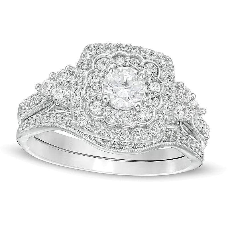 1.0 CT. TW Diamond Cushion Frame Tri-Sides Vintage-Style Bridal Set in 10K White Gold