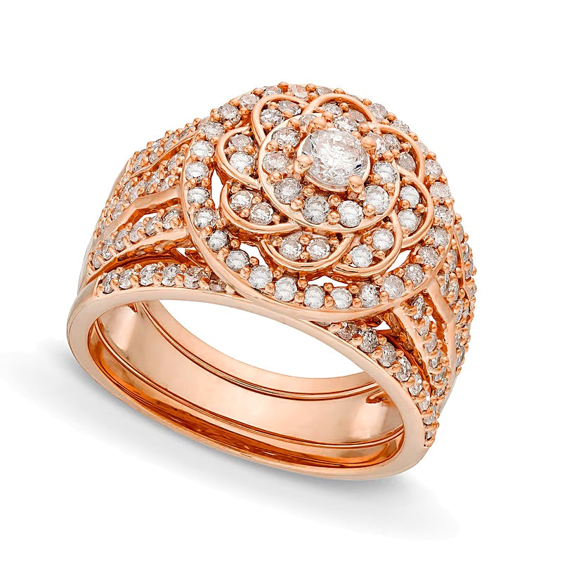 1.5 CT. TW Diamond Frame Celtic-Style Flower Bridal Set in 10K Rose Gold