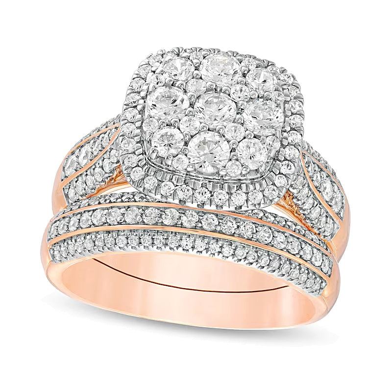 1.5 CT. TW Composite Diamond Cushion Frame Multi-Row Bridal Set in 10K Rose Gold