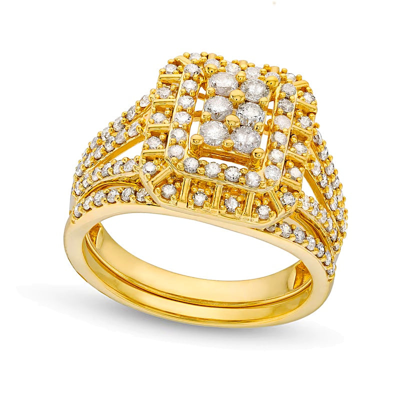 1.0 CT. TW Emerald Multi-Diamond Triple Row Split Shank Bridal Set in 10K Gold
