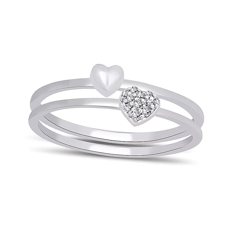 Heart-Shaped Multi-Diamond Accent and Polished Heart Two Piece Stackable Ring Set in 10K White Gold