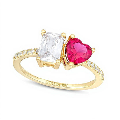 Heart-Shaped Lab-Created Ruby, Emerald-Cut White Lab-Created Sapphire and 0.07 CT. TW Diamond Ring in 10K Gold