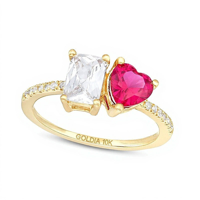 Heart-Shaped Lab-Created Ruby, Emerald-Cut White Lab-Created Sapphire and 0.07 CT. TW Diamond Ring in 10K Gold