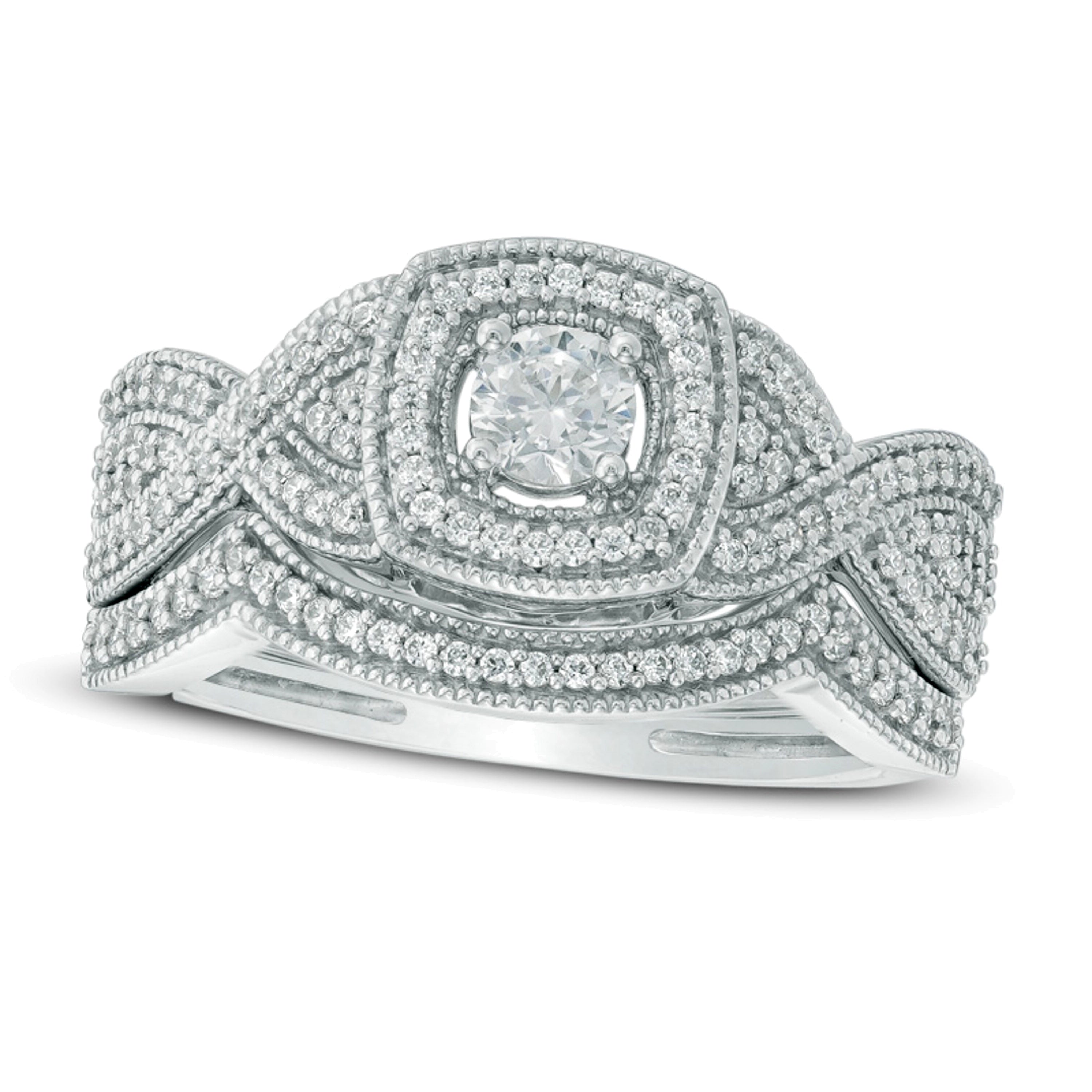0.5 CT. TW Diamond Square Frame Twist Shank Bridal Set in 10K White Gold