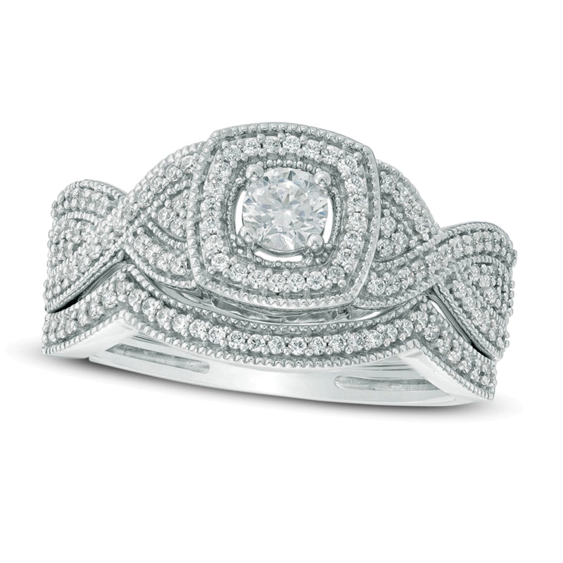 0.5 CT. TW Diamond Square Frame Twist Shank Bridal Set in 10K White Gold