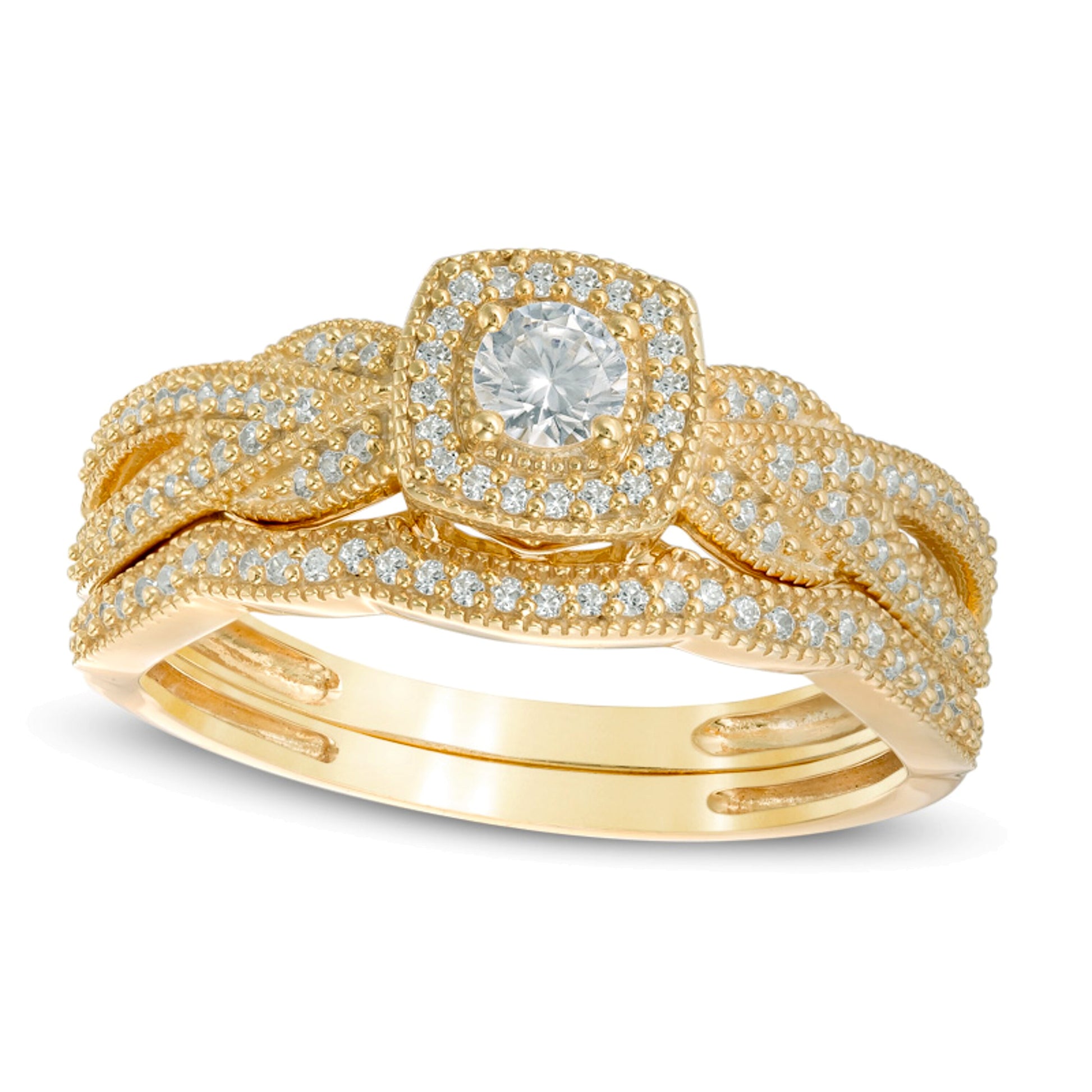 0.33 CT. TW Diamond Cushion Frame Vintage-Style Twist Shank Bridal Set in 10K Gold