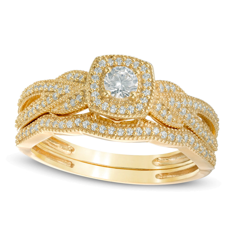 0.33 CT. TW Diamond Cushion Frame Vintage-Style Twist Shank Bridal Set in 10K Gold