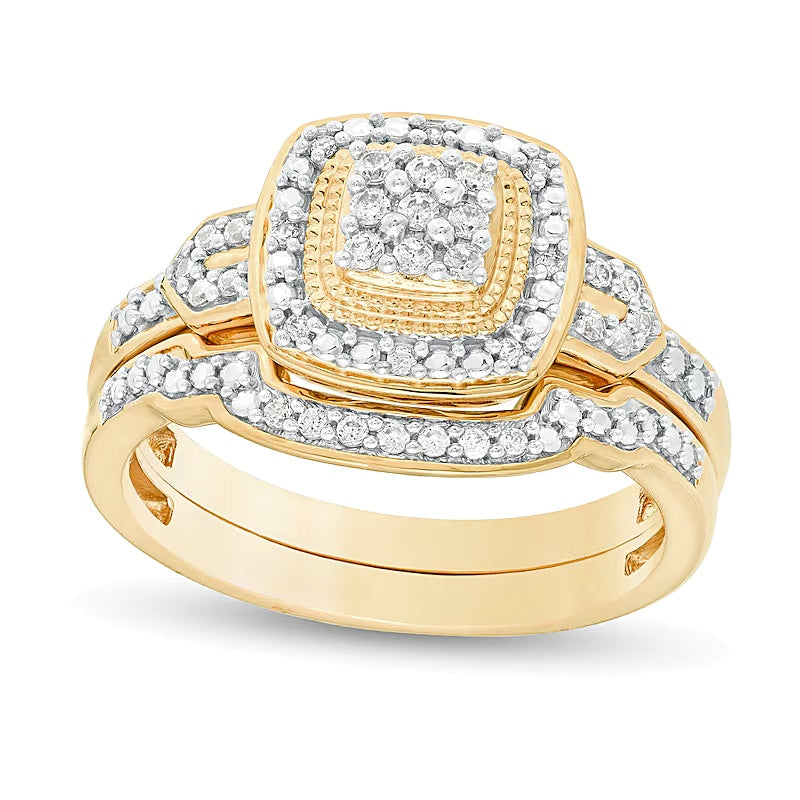 0.2 CT. TW Composite Diamond Cushion Frame Vintage-Style Bridal Set in Sterling Silver with 14K Gold Plate