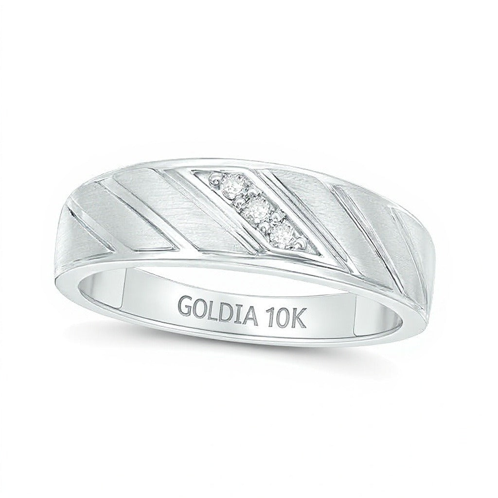 0.05 CT. TW Diamond Three Stone Slant Groove Wedding Band in 10K White Gold