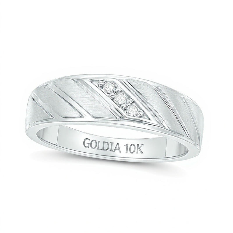 0.05 CT. TW Diamond Three Stone Slant Groove Wedding Band in 10K White Gold