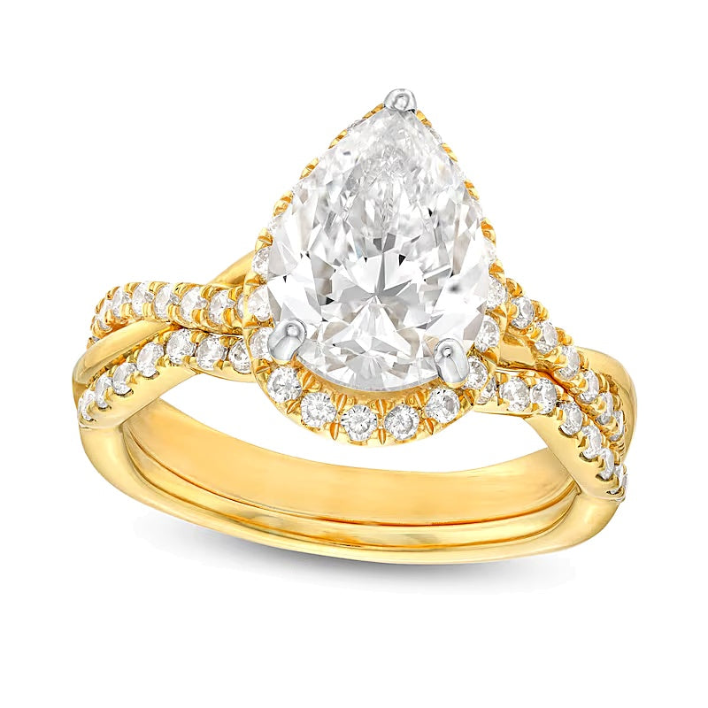 2.5 CT. TW Pear-Shaped Lab-Grown Diamond Frame Crossover Split Shank Bridal Set in 14K Gold (I/SI2)