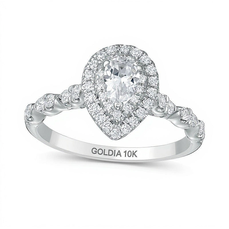 1.0 CT. TW Pear-Shaped Diamond Double Frame Scallop Shank Engagement Ring in 10K White Gold