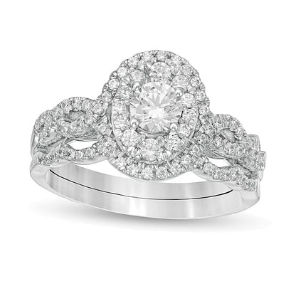 1.0 CT. TW Diamond Double Oval Frame Twist Shank Bridal Set in 10K White Gold