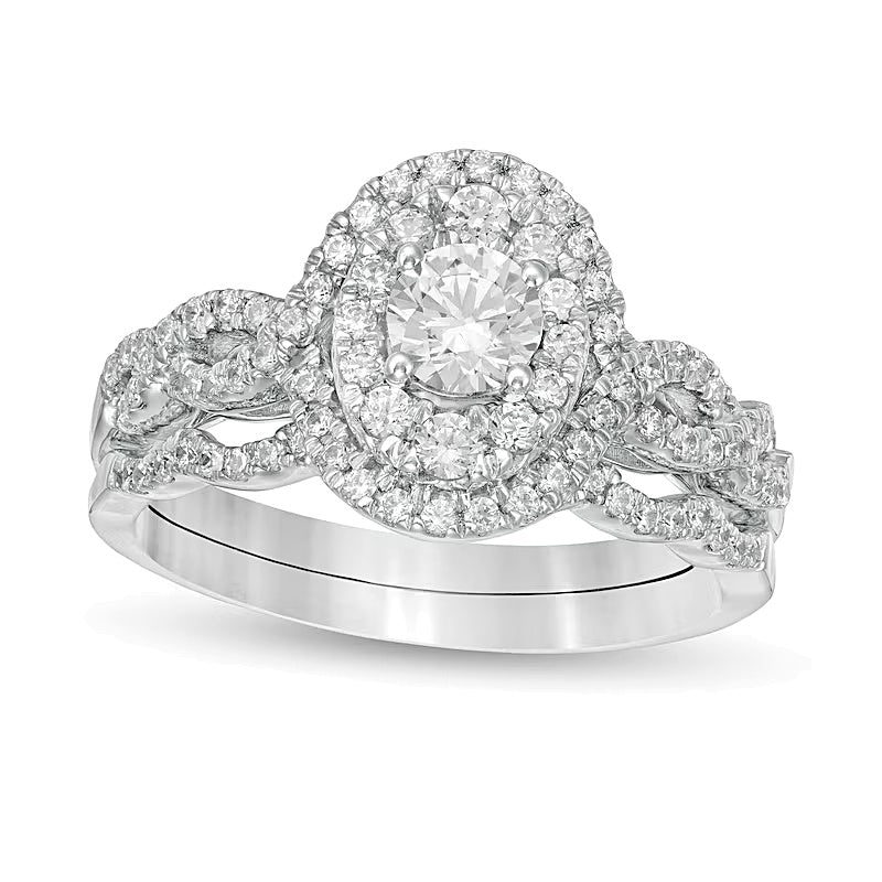 1.0 CT. TW Diamond Double Oval Frame Twist Shank Bridal Set in 10K White Gold