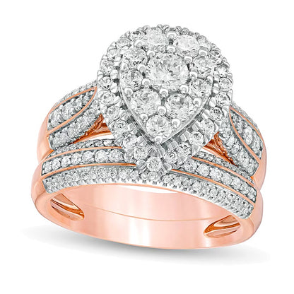1.5 CT. TW Pear-Shaped Multi-Diamond Frame Multi-Row Bridal Set in 10K Rose Gold