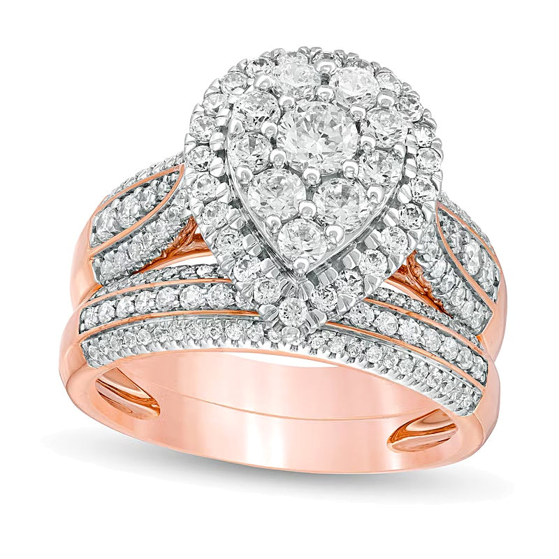 1.5 CT. TW Pear-Shaped Multi-Diamond Frame Multi-Row Bridal Set in 10K Rose Gold