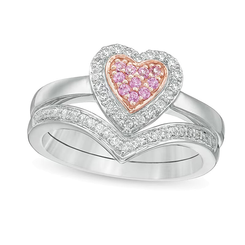 Composite Lab-Created Pink and White Sapphire Heart Frame Bridal Set in Sterling Silver and 10K Rose Gold