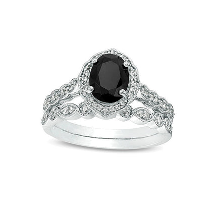 Oval Black Sapphire and 0.2 CT. TW Diamond Quatrefoil Frame Vintage-Style Bridal Set in 10K White Gold