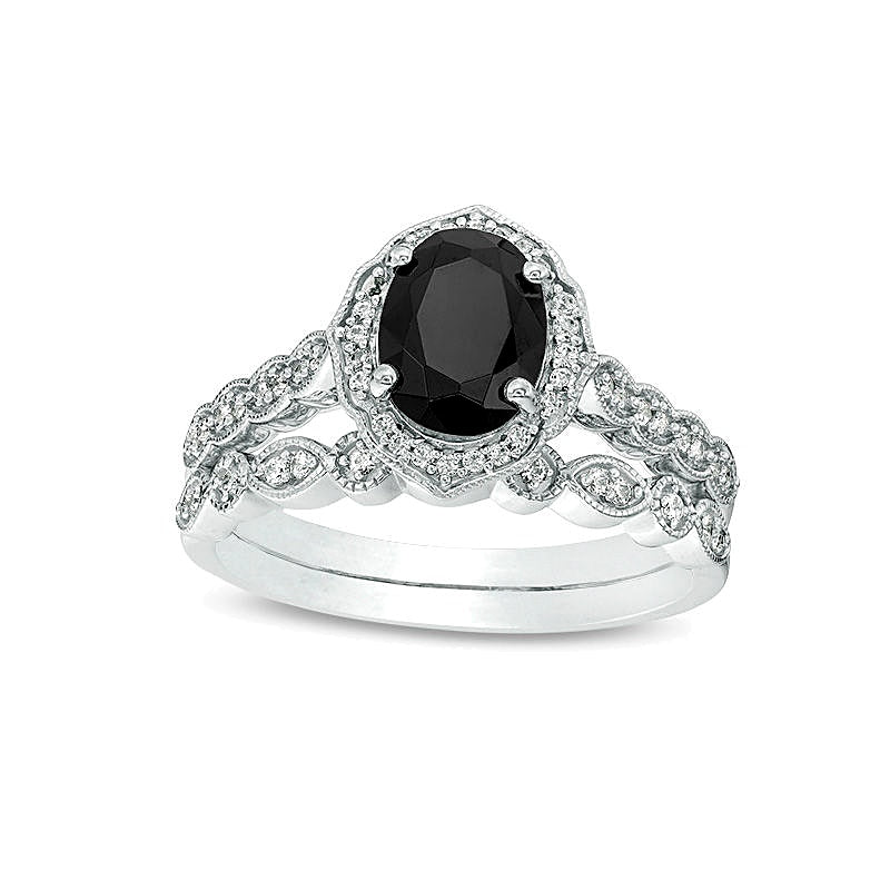 Oval Black Sapphire and 0.2 CT. TW Diamond Quatrefoil Frame Vintage-Style Bridal Set in 10K White Gold