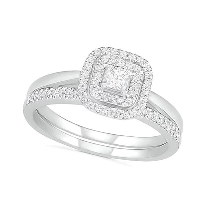 0.38 CT. TW Princess-Cut Diamond Double Cushion Frame Bridal Set in 10K White Gold