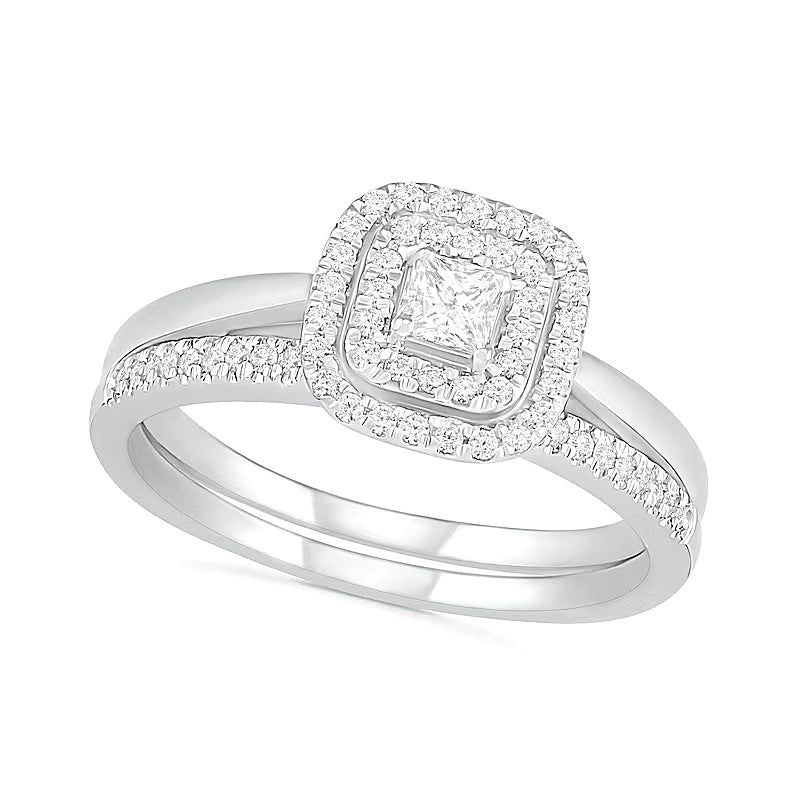 0.38 CT. TW Princess-Cut Diamond Double Cushion Frame Bridal Set in 10K White Gold