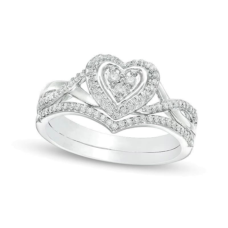 0.2 CT. TW Diamond Heart Frame Twist Bridal Set in 10K White Gold