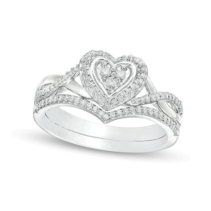 0.2 CT. TW Diamond Heart Frame Twist Bridal Set in 10K White Gold
