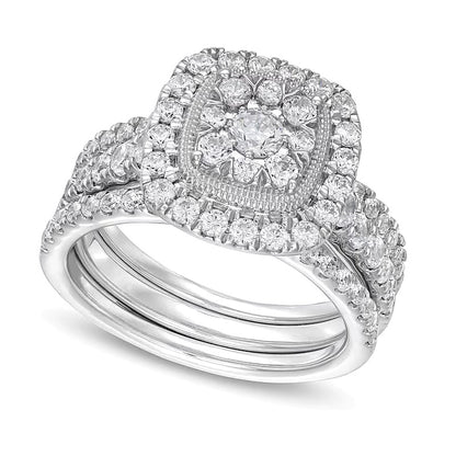 1.5 CT. TW Cushion Multi-Diamond Frame Three Piece Bridal Set in 10K White Gold