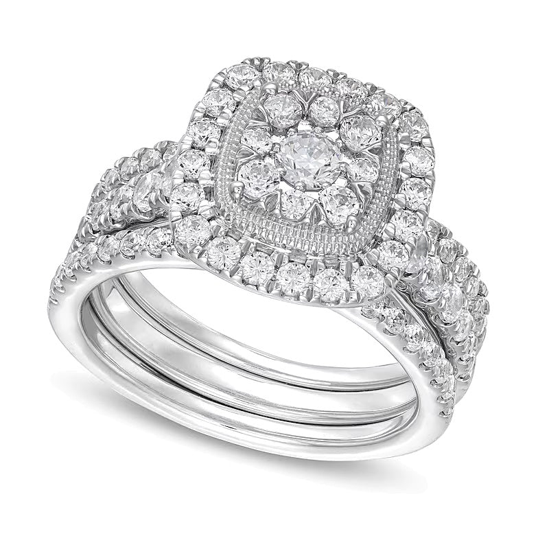 1.5 CT. TW Cushion Multi-Diamond Frame Three Piece Bridal Set in 10K White Gold