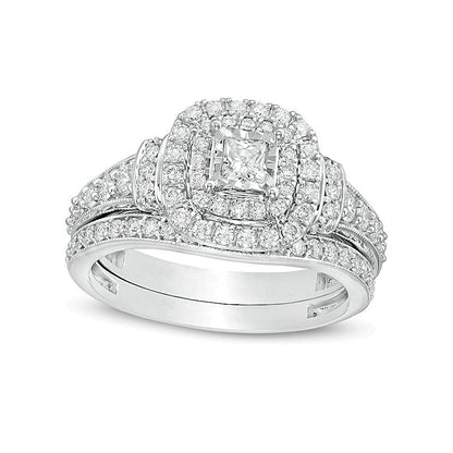 1.0 CT. TW Princess-Cut Diamond Double Frame Collar Vintage-Style Bridal Set in 10K White Gold
