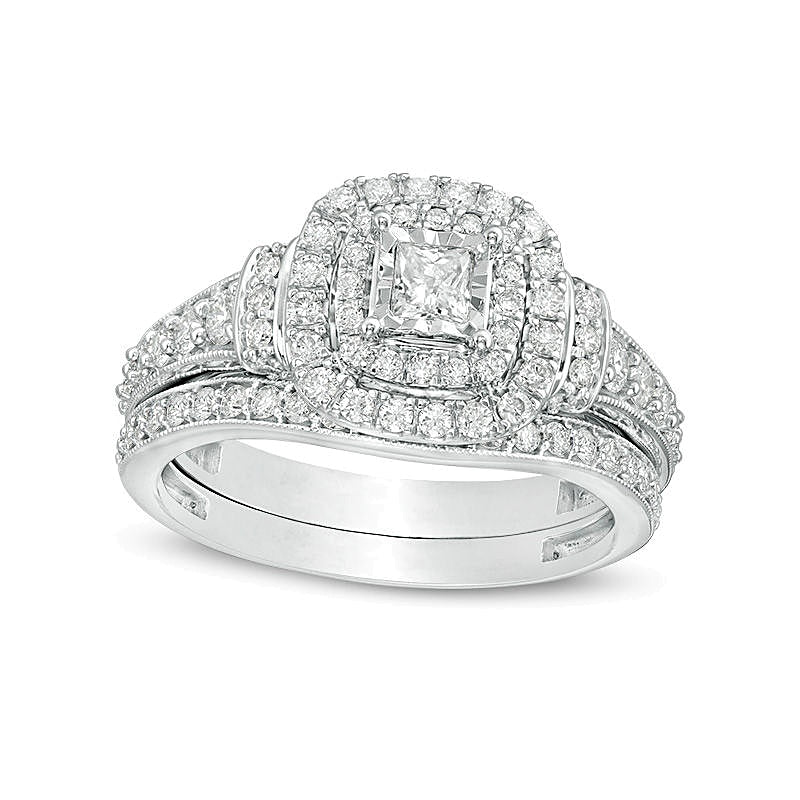 1.0 CT. TW Princess-Cut Diamond Double Frame Collar Vintage-Style Bridal Set in 10K White Gold