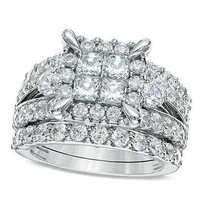 4.0 CT. TW Quad Princess-Cut Diamond Frame Three Piece Bridal Set in 14K White Gold