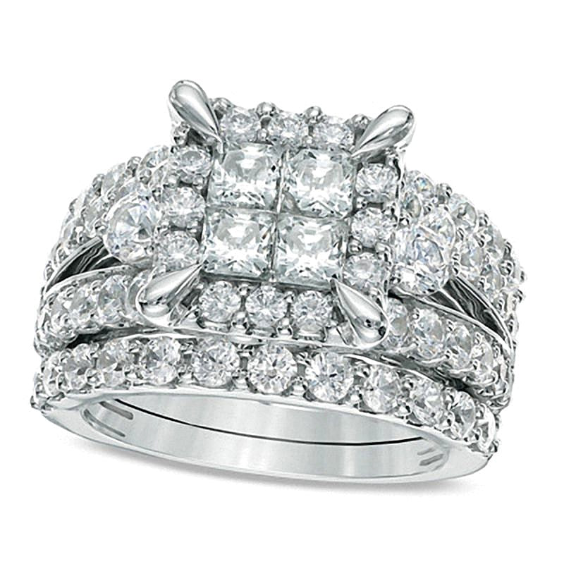 4.0 CT. TW Quad Princess-Cut Diamond Frame Three Piece Bridal Set in 14K White Gold