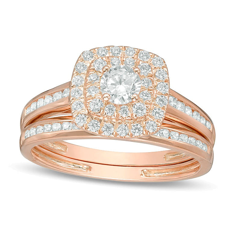 0.75 CT. TW Diamond Double Cushion Frame Channel Bridal Set in 10K Rose Gold