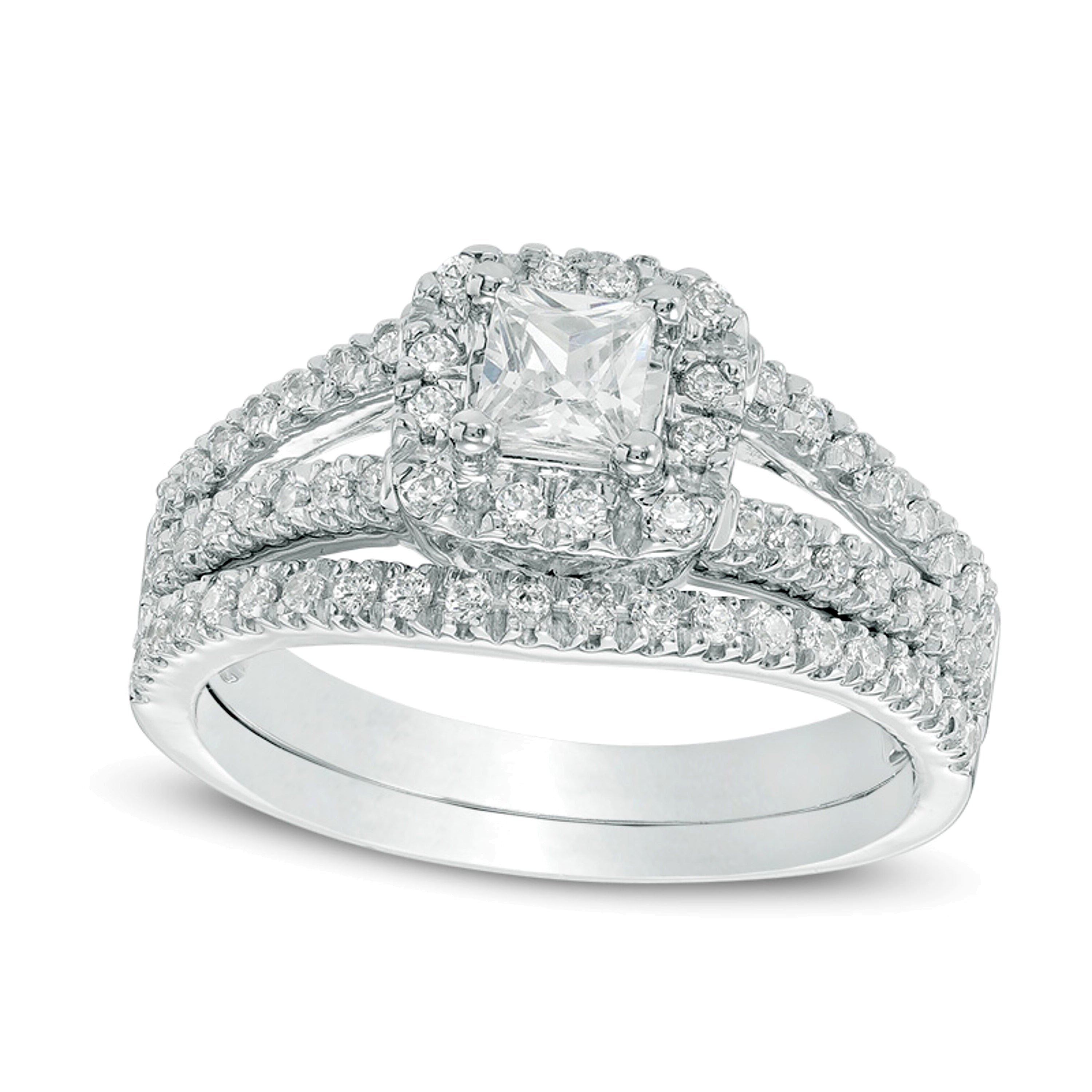 0.75 CT. TW Princess-Cut Diamond Cushion Frame Split Shank Bridal Set in 10K White Gold