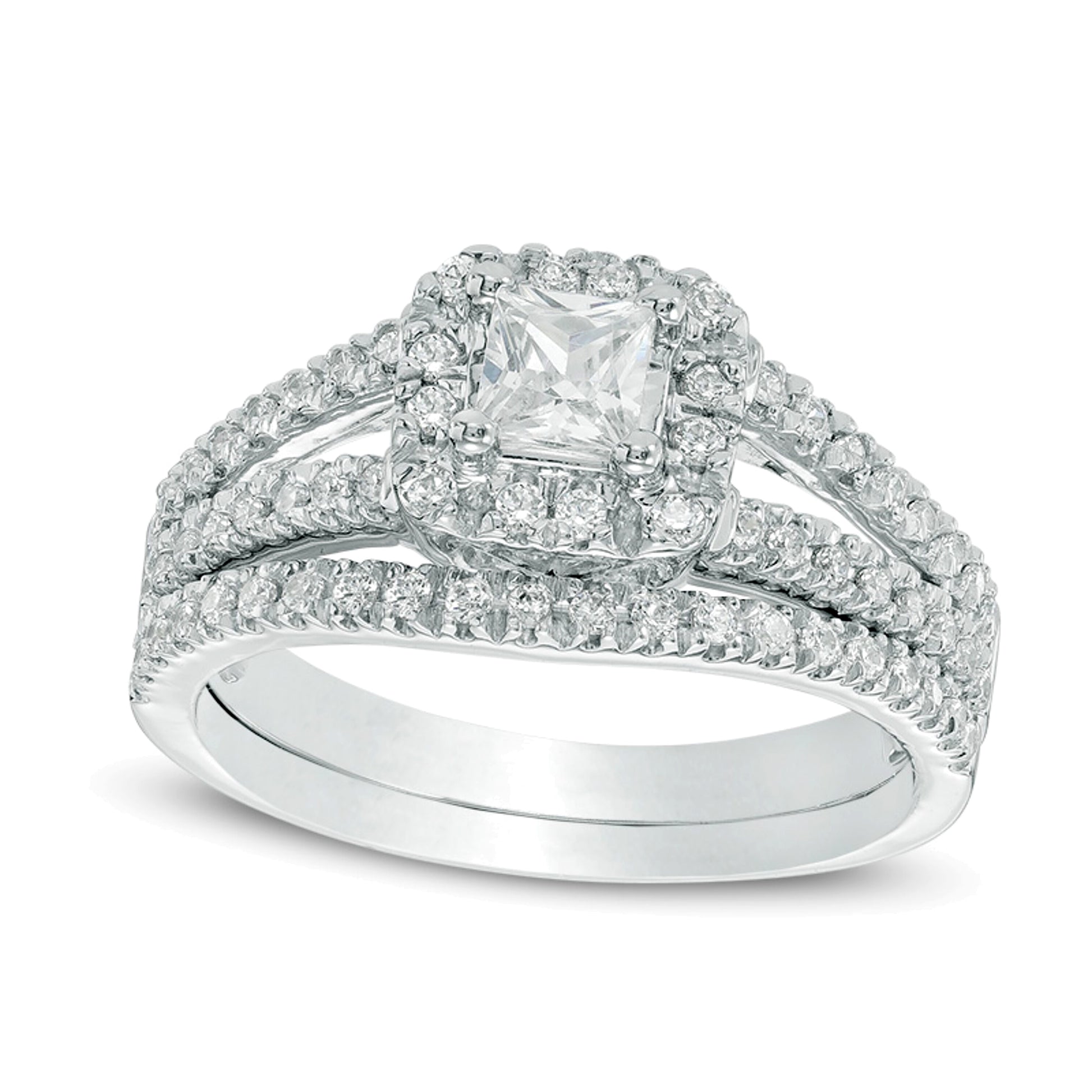 0.75 CT. TW Princess-Cut Diamond Cushion Frame Split Shank Bridal Set in 10K White Gold