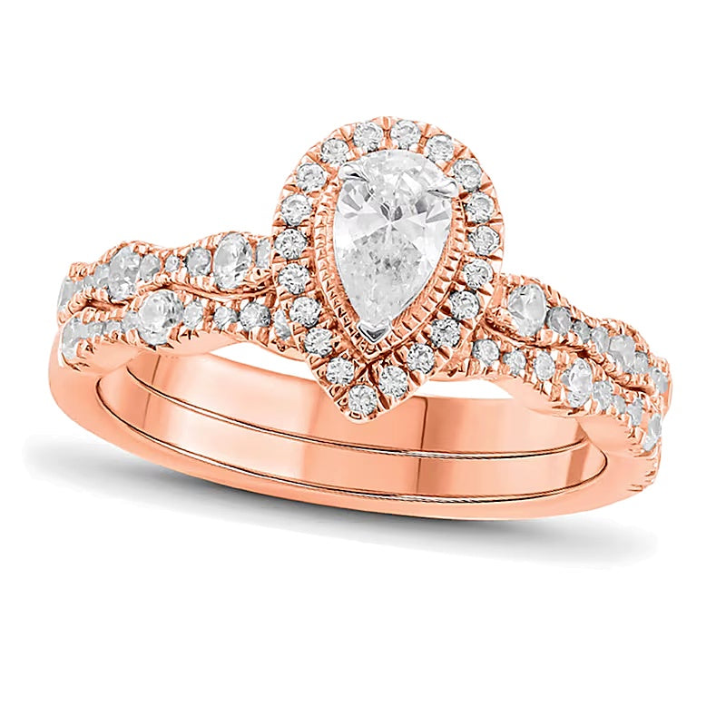 1.0 CT. TW Pear-Shaped Diamond Frame Art Deco Vintage-Style Bridal Set in 14K Rose Gold