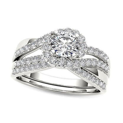 1.0 CT. TW Diamond Swirl Bypass Bridal Set in 14K White Gold