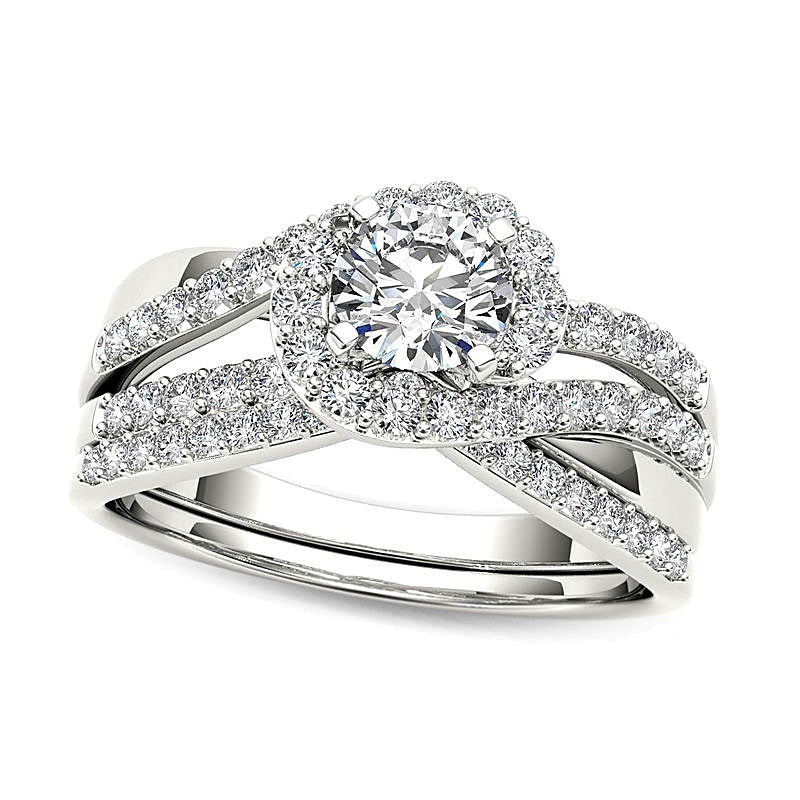 1.0 CT. TW Diamond Swirl Bypass Bridal Set in 14K White Gold