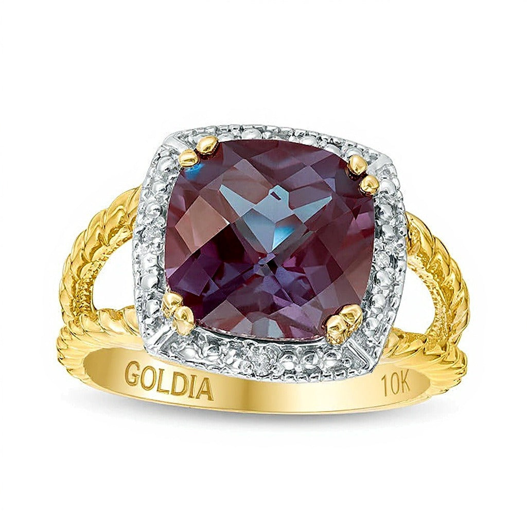 10.0mm Cushion-Cut Lab-Created Alexandrite and Diamond Accent Frame Split Shank Rope Ring in 10K Gold