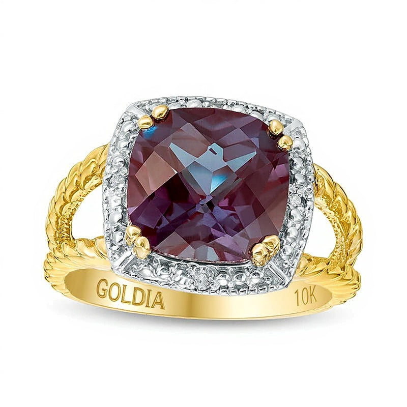 10.0mm Cushion-Cut Lab-Created Alexandrite and Diamond Accent Frame Split Shank Rope Ring in 10K Gold
