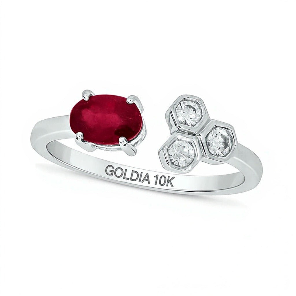 Oval Lab-Created Ruby and 0.17 CT. TW Diamond Open Shank Ring in 10K White Gold