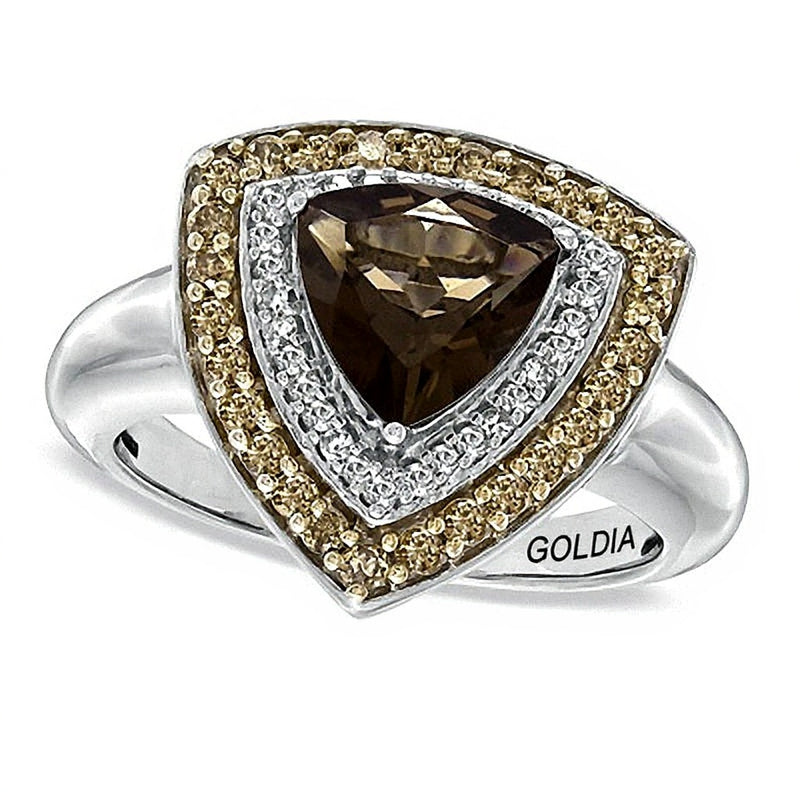 Trillion-Cut Smoky Quartz and 0.5 CT. TW Enhanced Champagne and White Diamond Ring in Sterling Silver