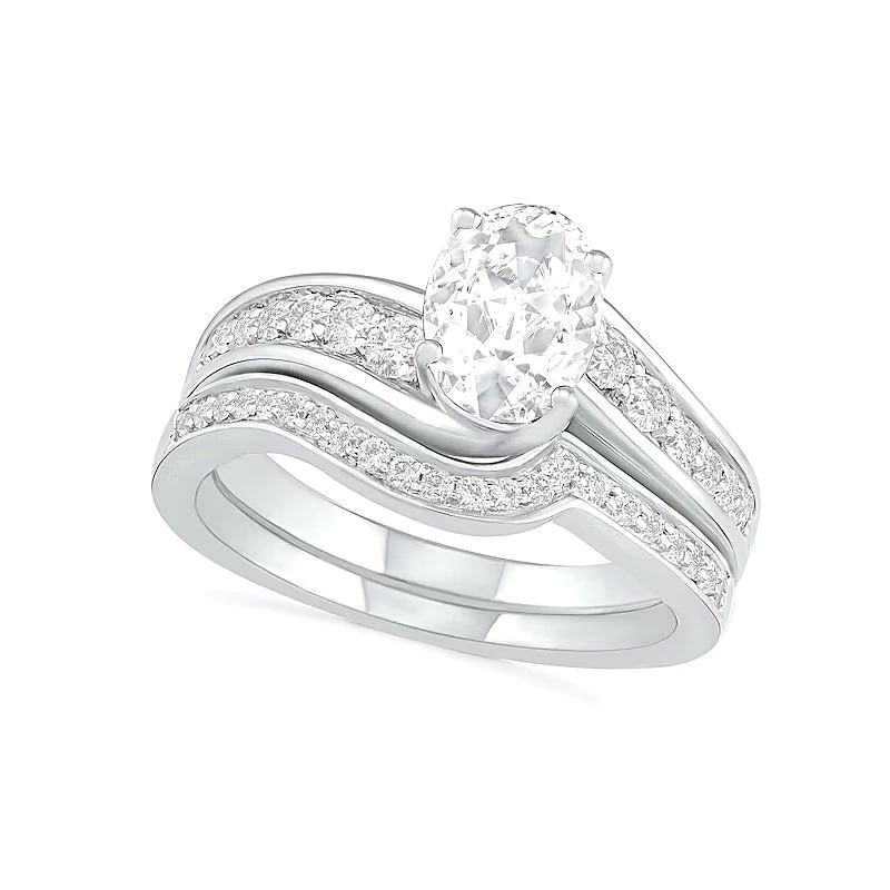 Oval White Lab-Created Sapphire Bypass Bridal Set in Sterling Silver